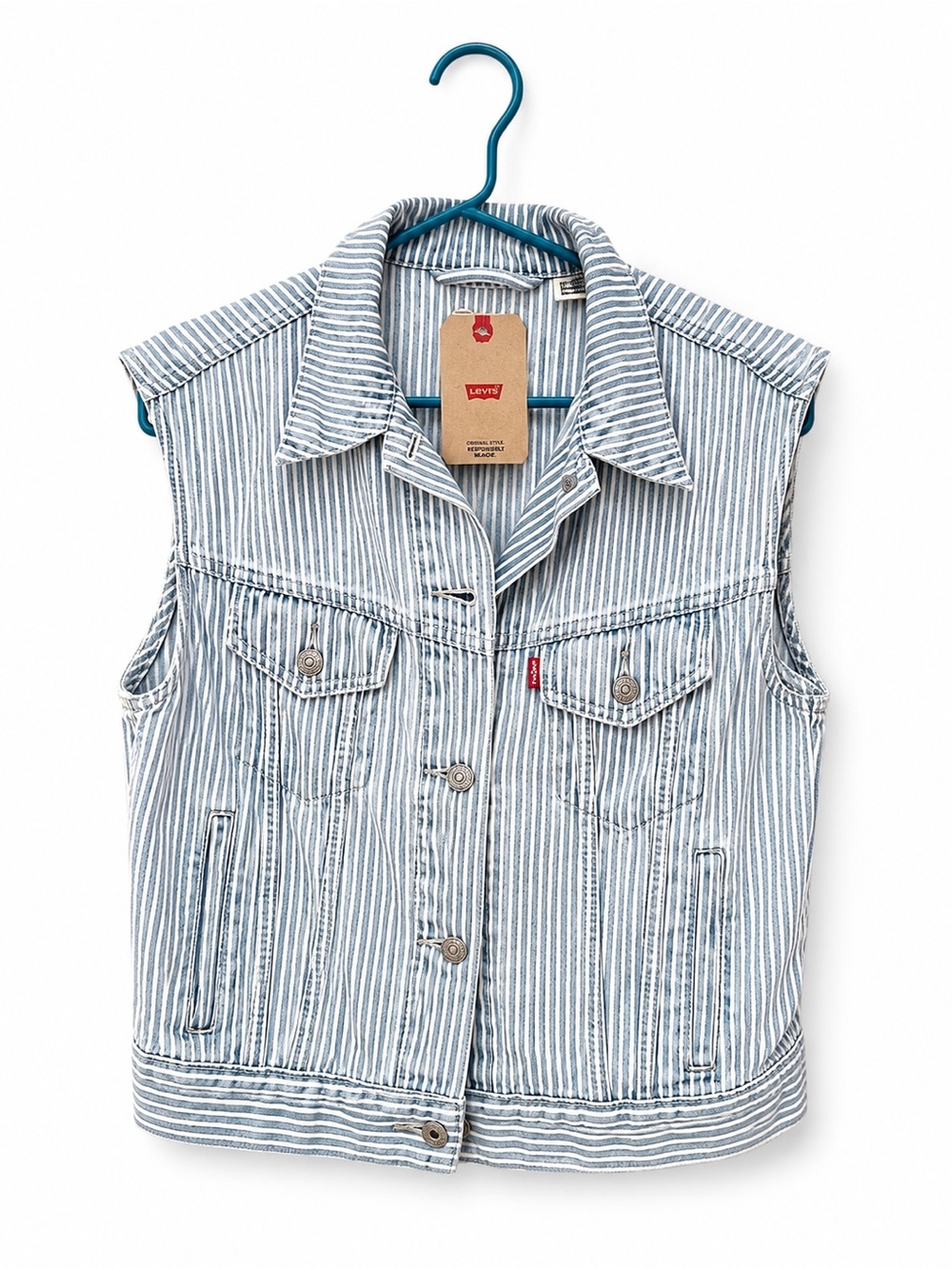 Levi's Light Blue and White Striped Denim Vest